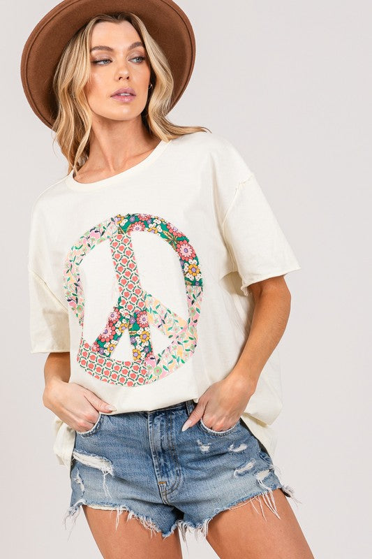 Peace sign patch floral applique top Blouse Sage and Fig