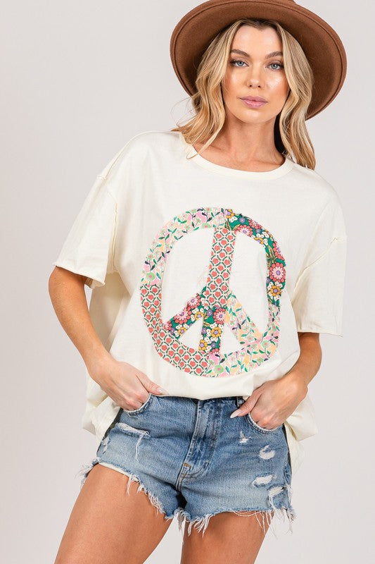 Peace sign patch floral applique top Blouse Sage and Fig