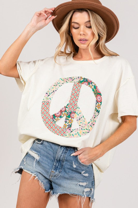 Peace sign patch floral applique top Blouse Sage and Fig