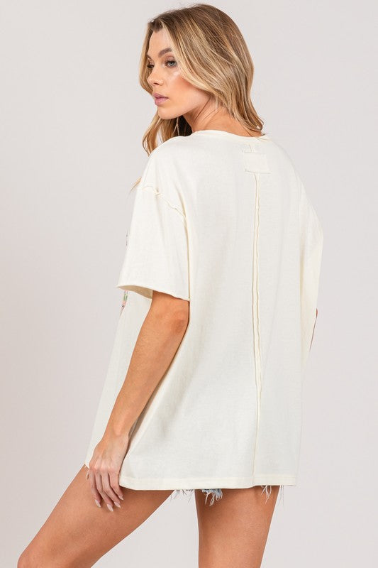 Peace sign patch floral applique top Blouse Sage and Fig