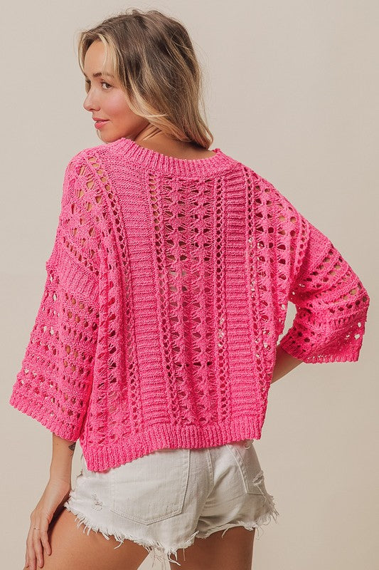 Crochet knit half sleeve round neck top Blouse BiBi