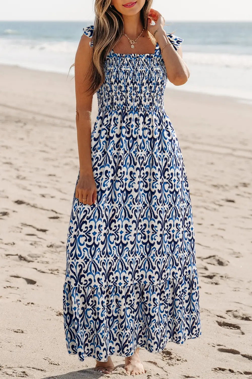 Ldc Boho Print Smocked High Waist Maxi Dress