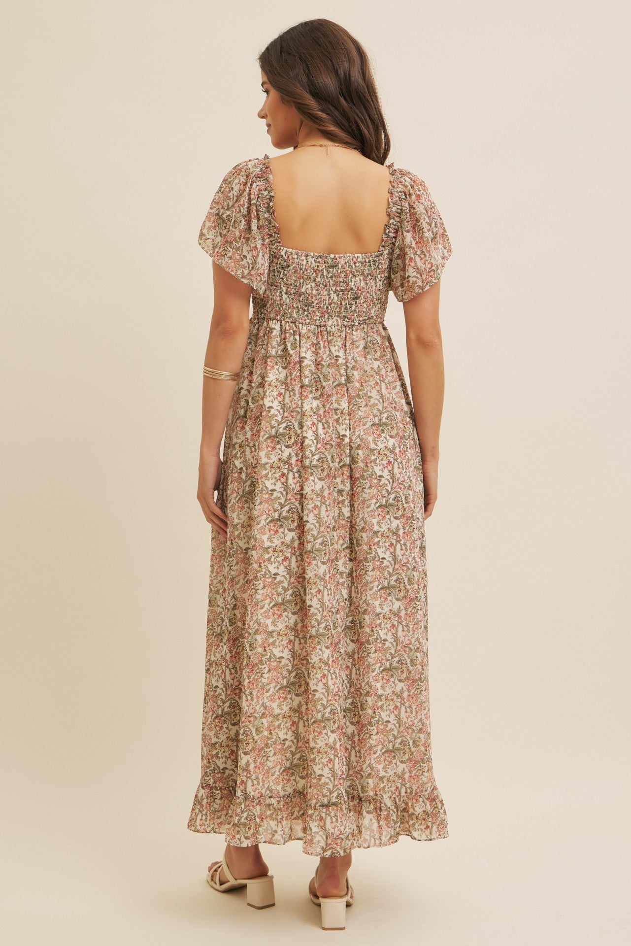 Flutter-sleeved floral maxi dress with smocked back