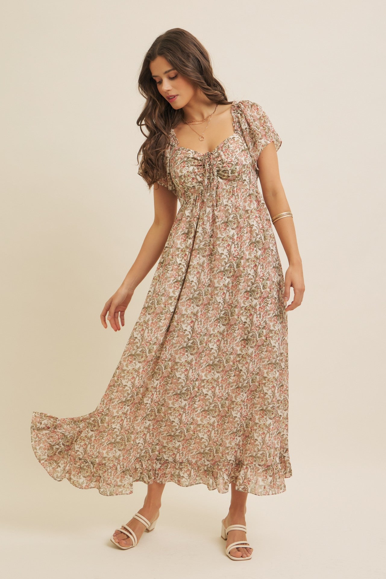Flutter-sleeved floral maxi dress with smocked back