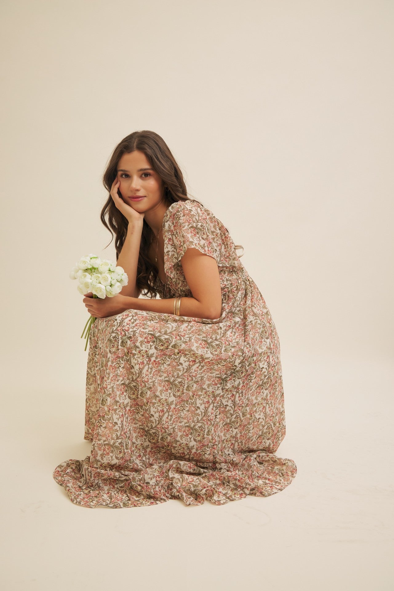 Flutter-sleeved floral maxi dress with smocked back