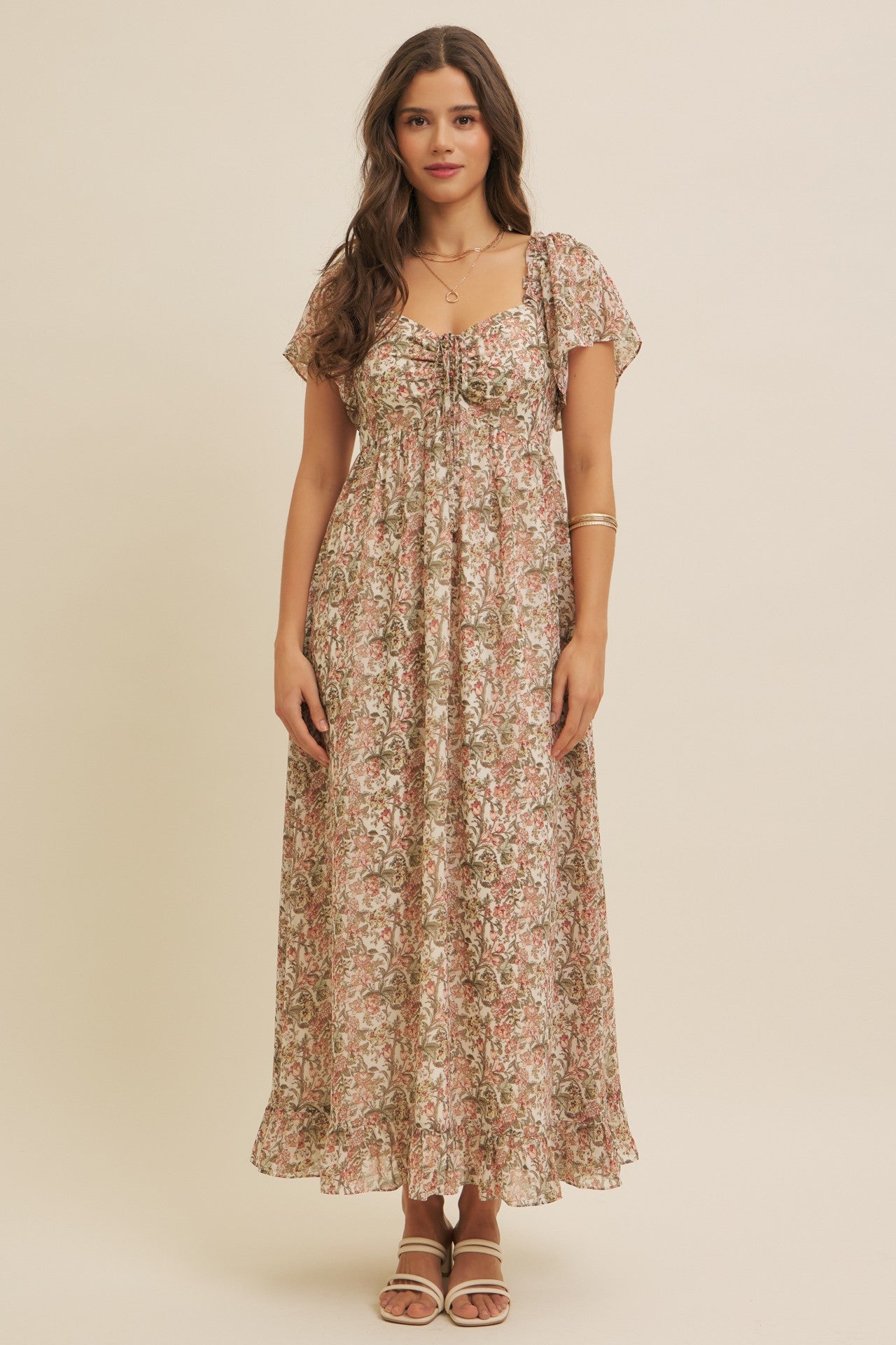 Flutter-sleeved floral maxi dress with smocked back