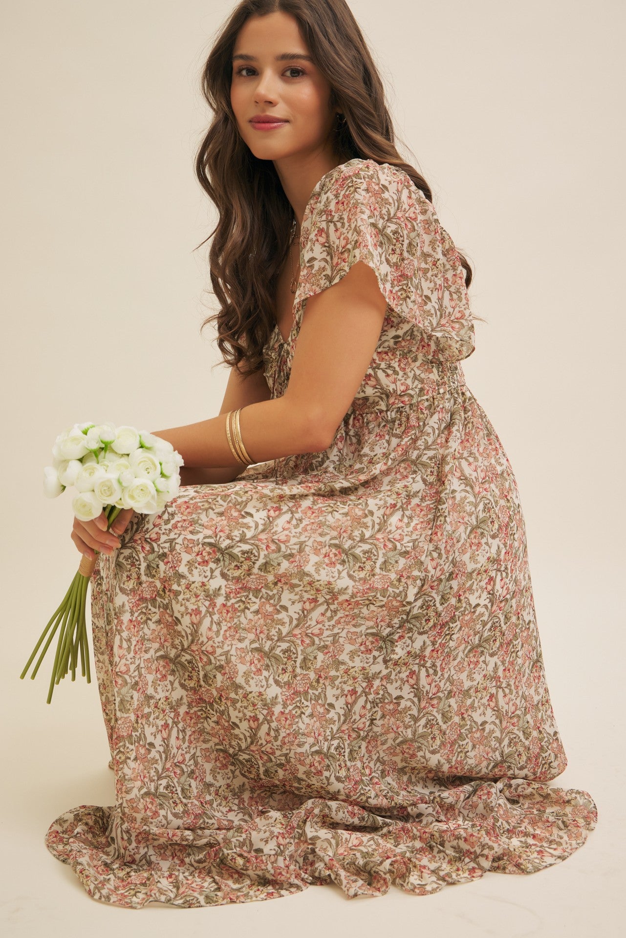 Flutter-sleeved floral maxi dress with smocked back