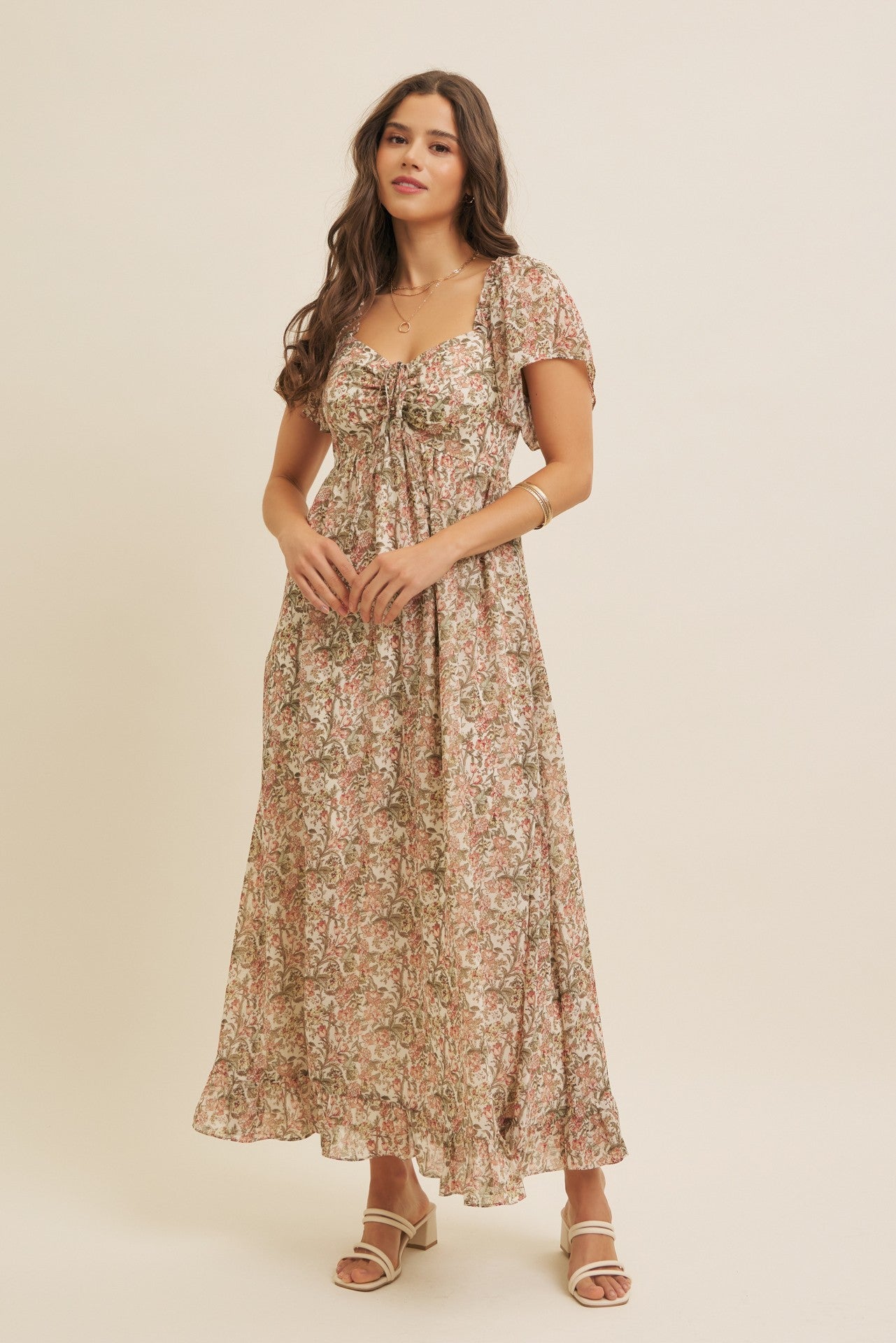 Flutter-sleeved floral maxi dress with smocked back