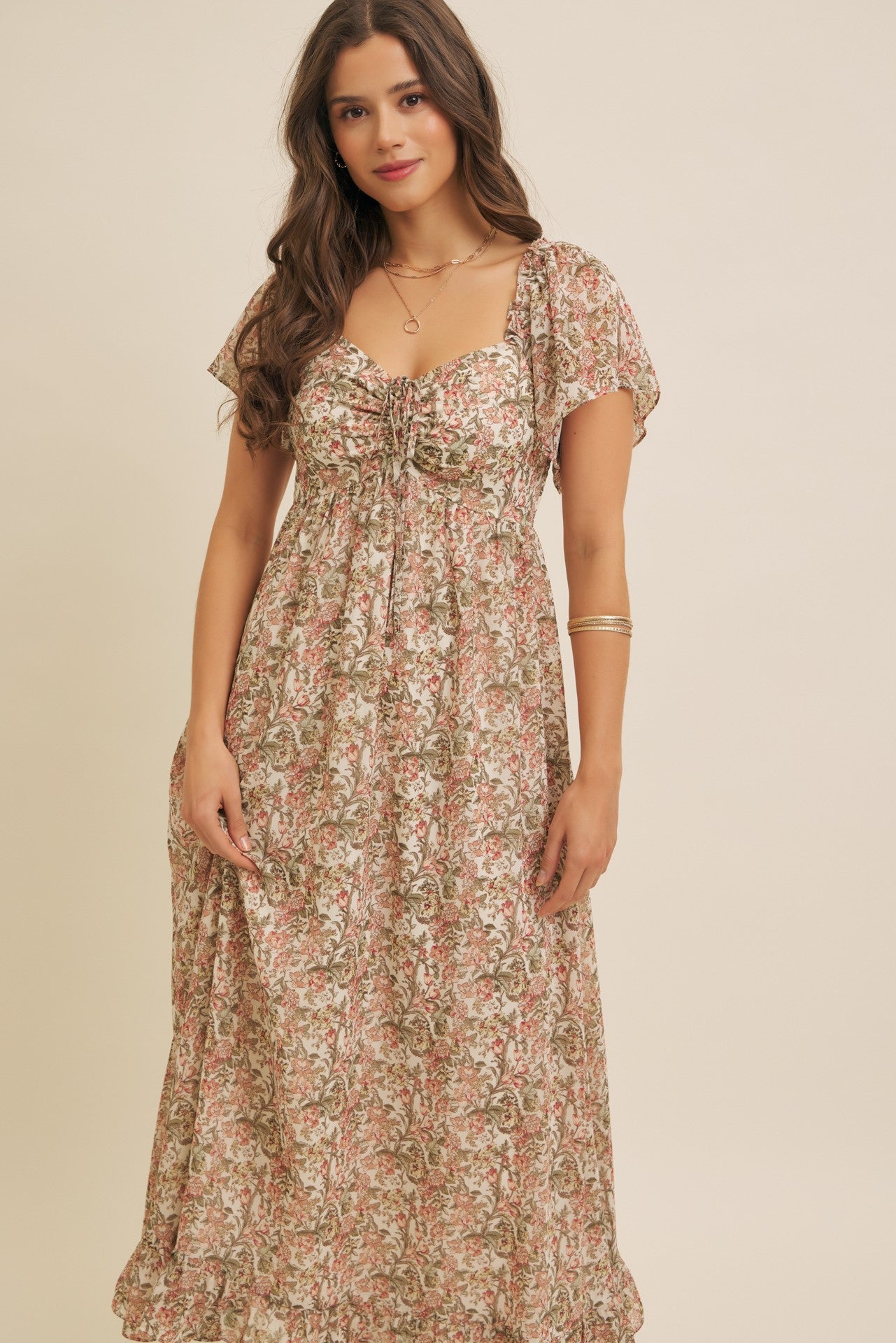 Flutter-sleeved floral maxi dress with smocked back