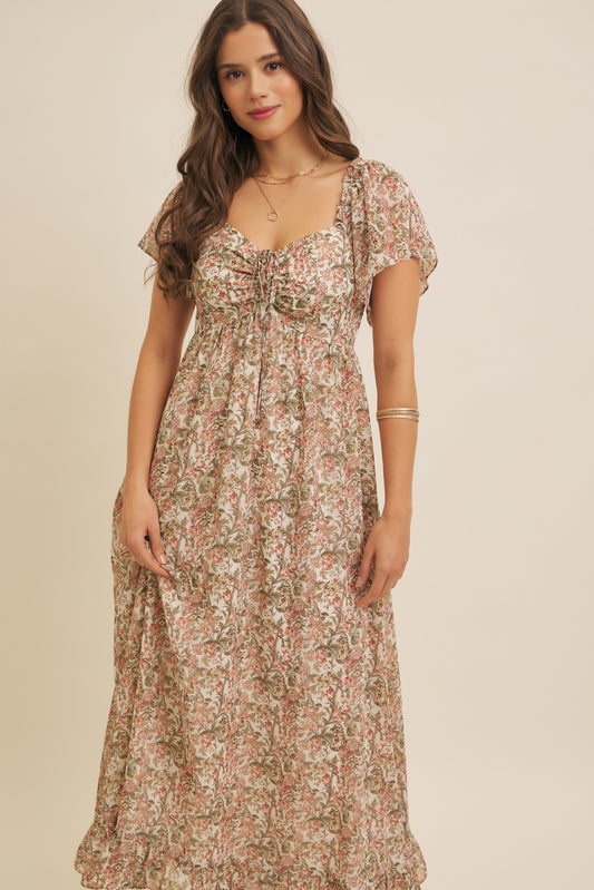 Flutter-sleeved floral maxi dress with smocked back
