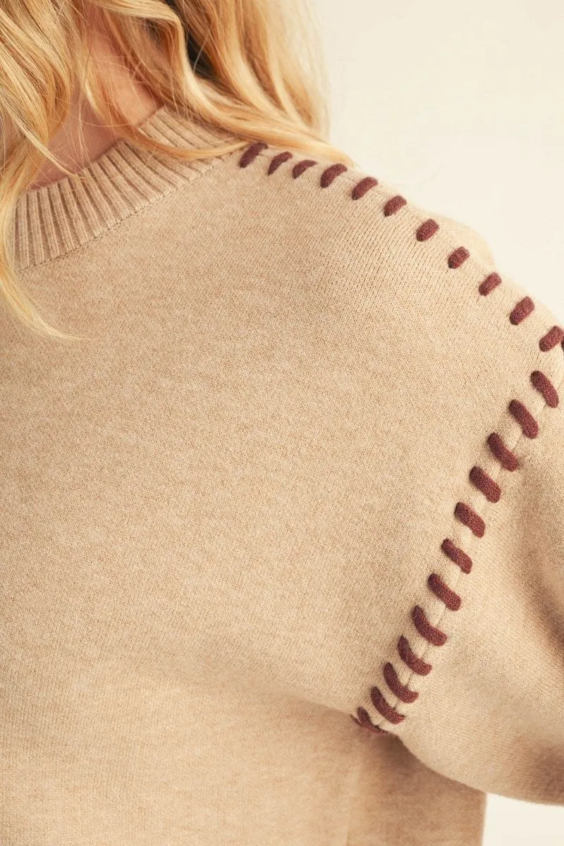 Drop shoulder comfy sweater top with stitch accent shoulder