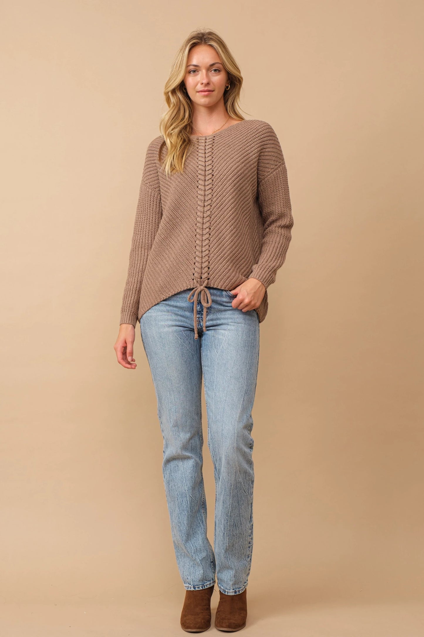 Ribbed knit round neck sweater with center lace-up detail Sweater Cozy Co