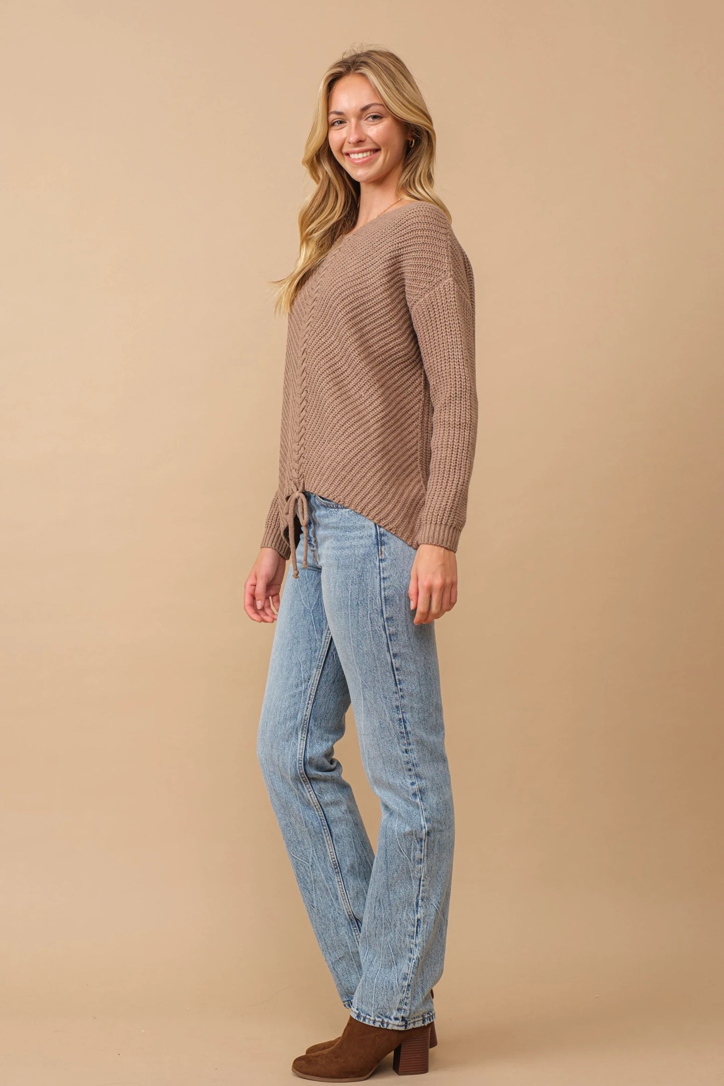 Ribbed knit round neck sweater with center lace-up detail Sweater Cozy Co
