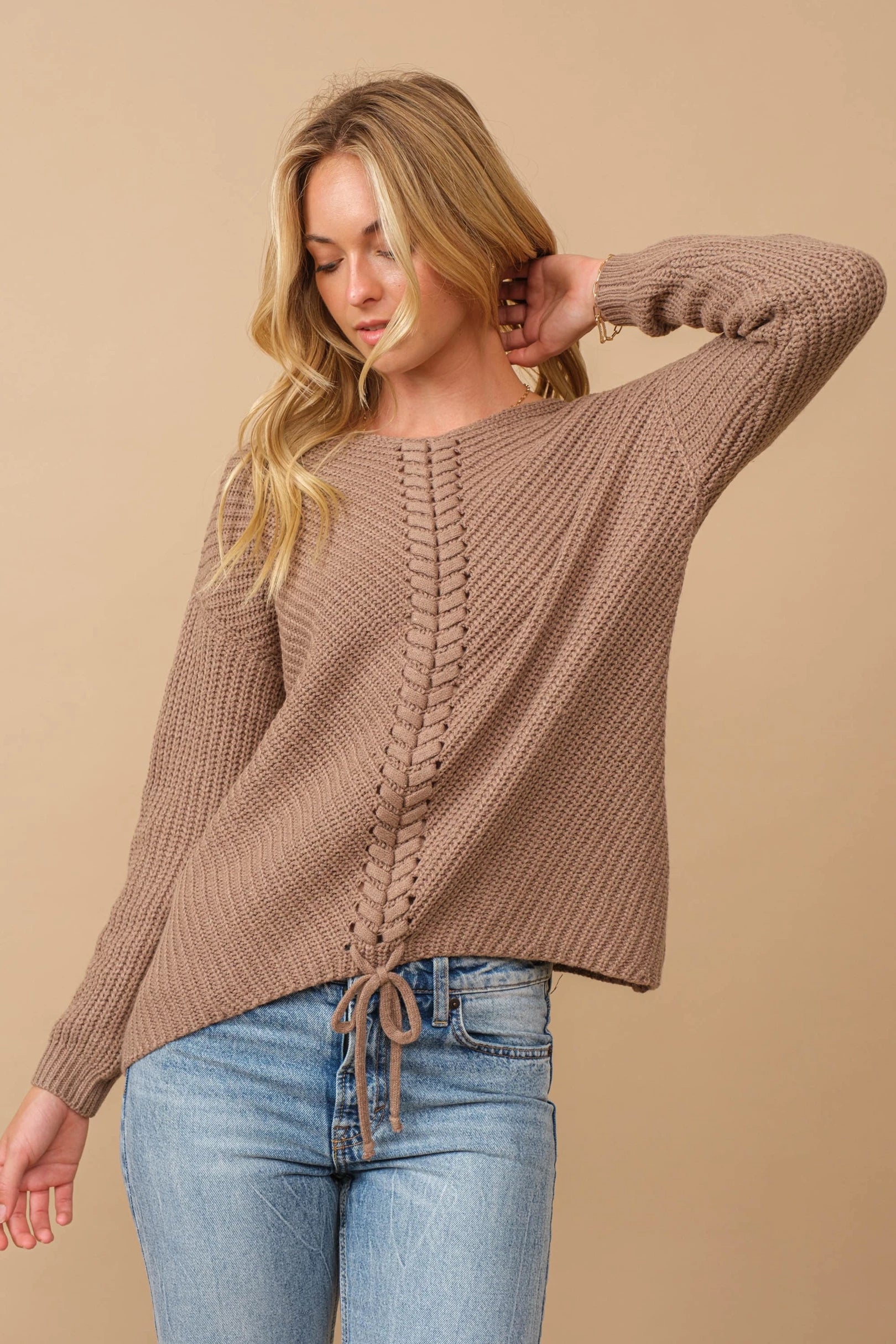 Ribbed knit round neck sweater with center lace-up detail Sweater Cozy Co   