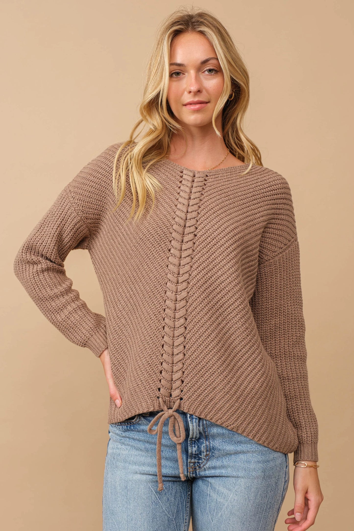Ribbed knit round neck sweater with center lace-up detail Sweater Cozy Co