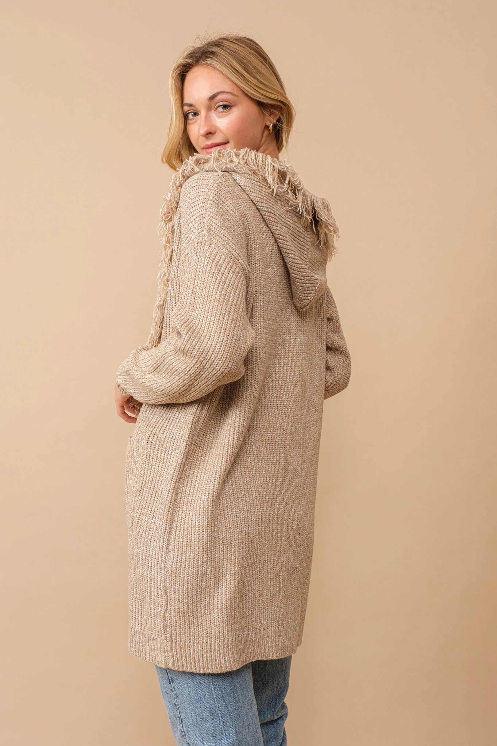 Hooded fringe knit open cardigan Cardigan Cozy Co