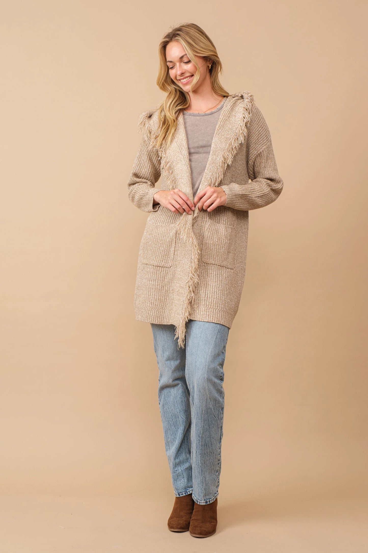 Hooded fringe knit open cardigan Cardigan Cozy Co