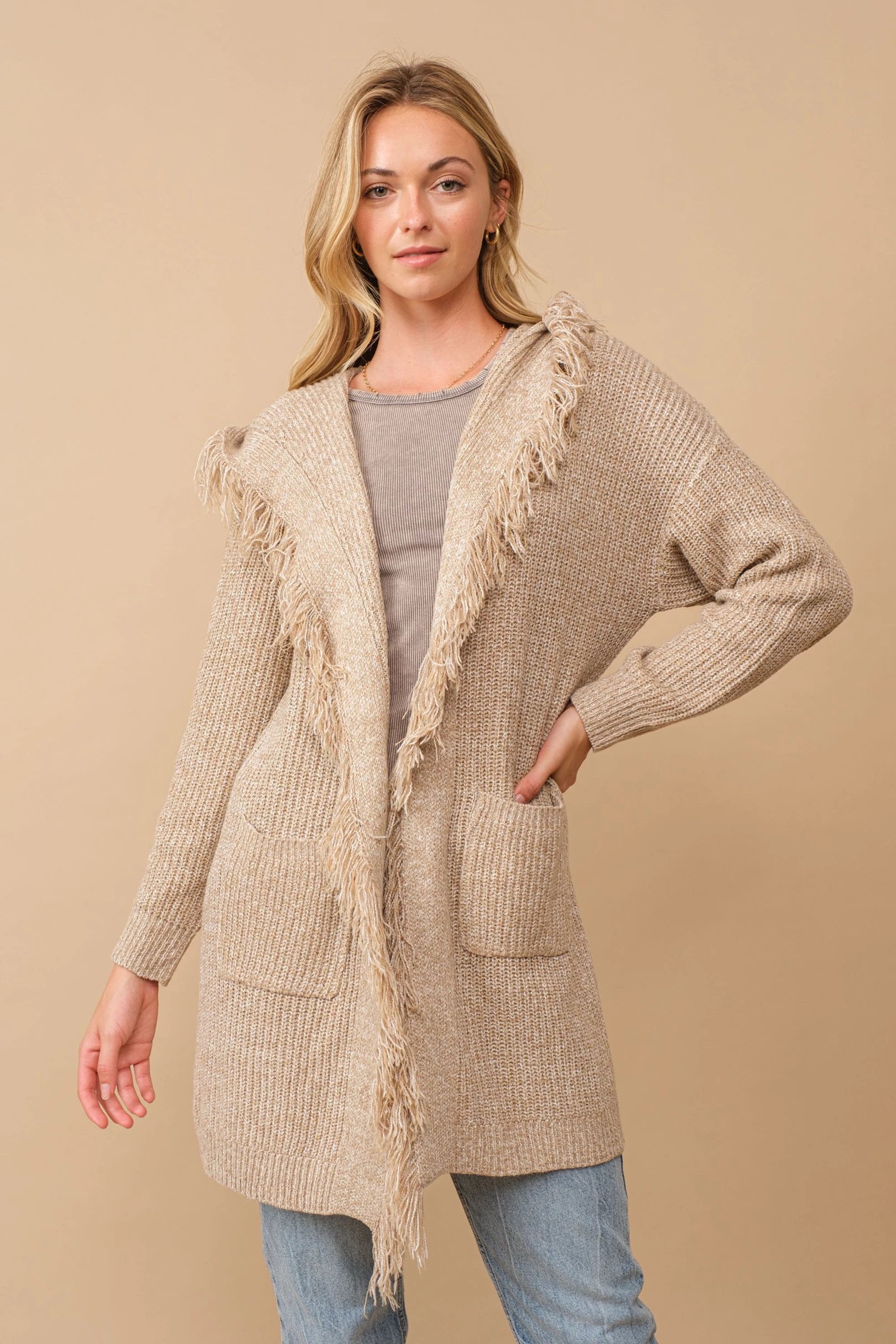 Hooded fringe knit open cardigan Cardigan Cozy Co Oatmeal Small/Medium