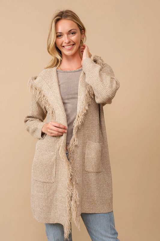 Hooded fringe knit open cardigan Cardigan Cozy Co