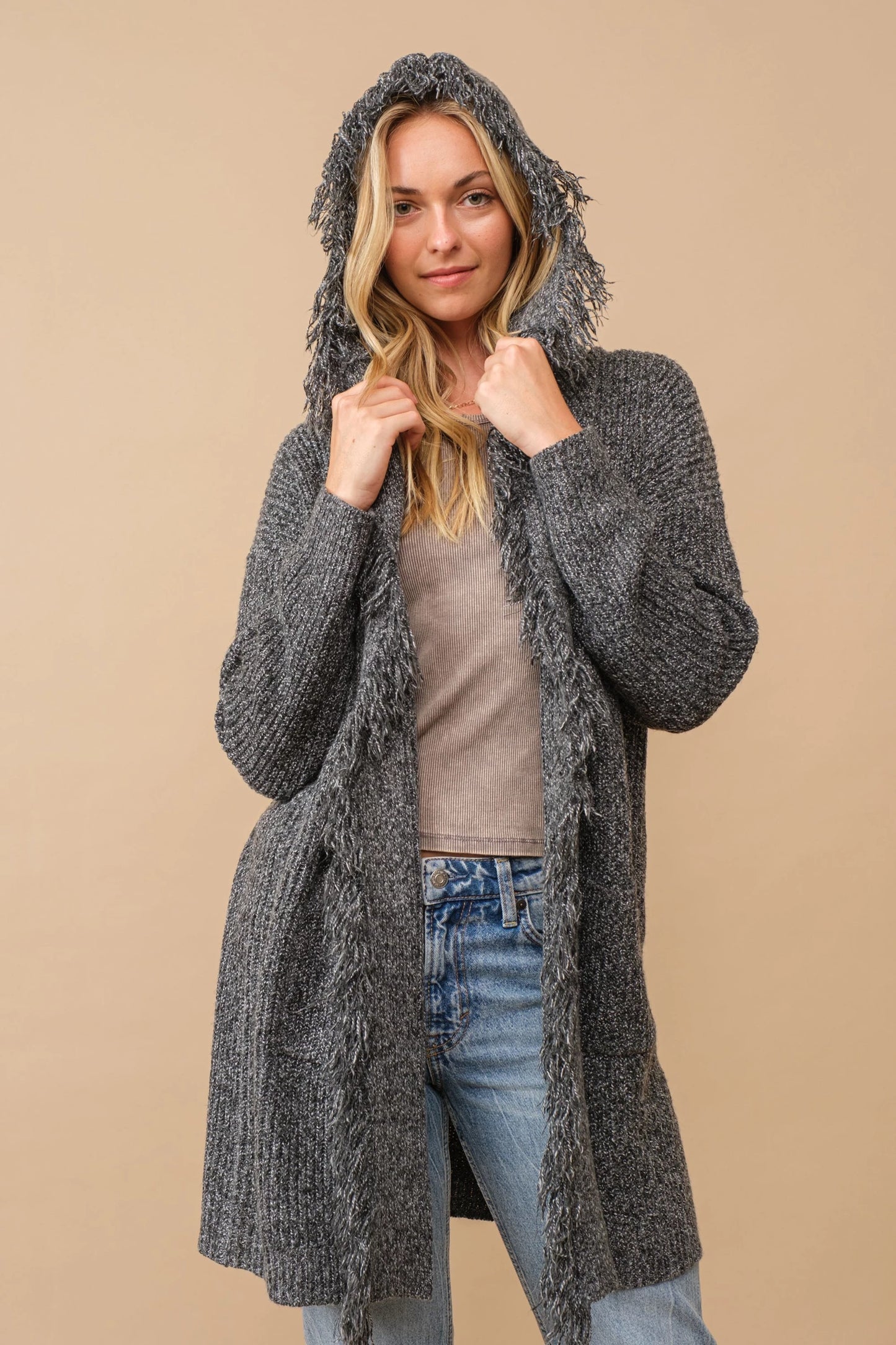 Hooded fringe knit open cardigan Cardigan Cozy Co