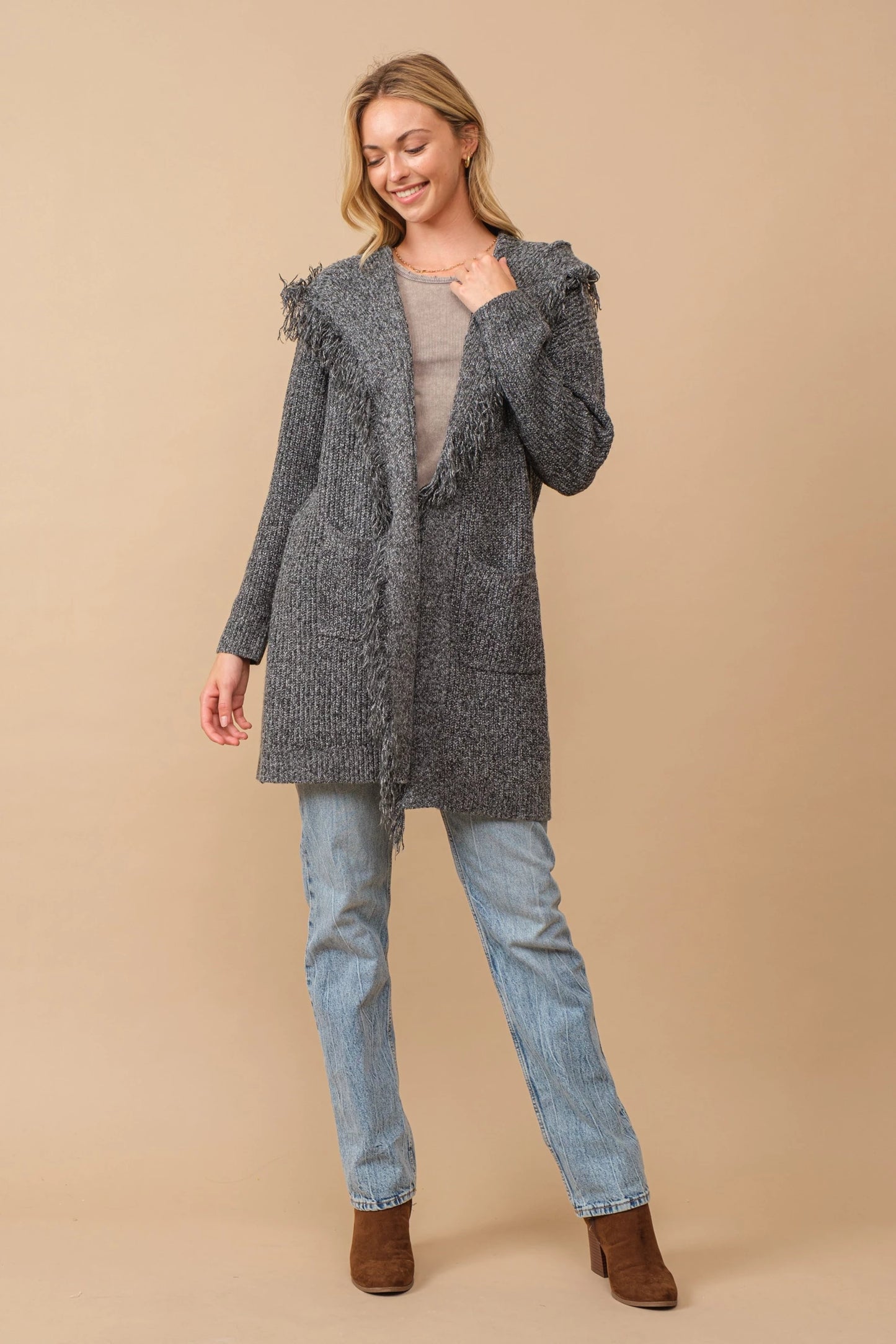 Hooded fringe knit open cardigan Cardigan Cozy Co