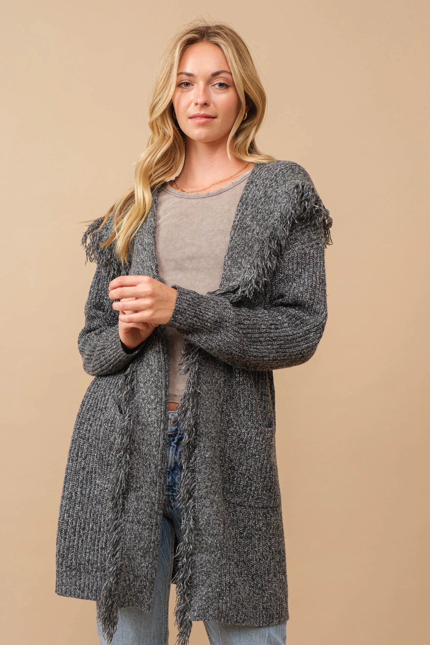 Hooded fringe knit open cardigan Cardigan Cozy Co