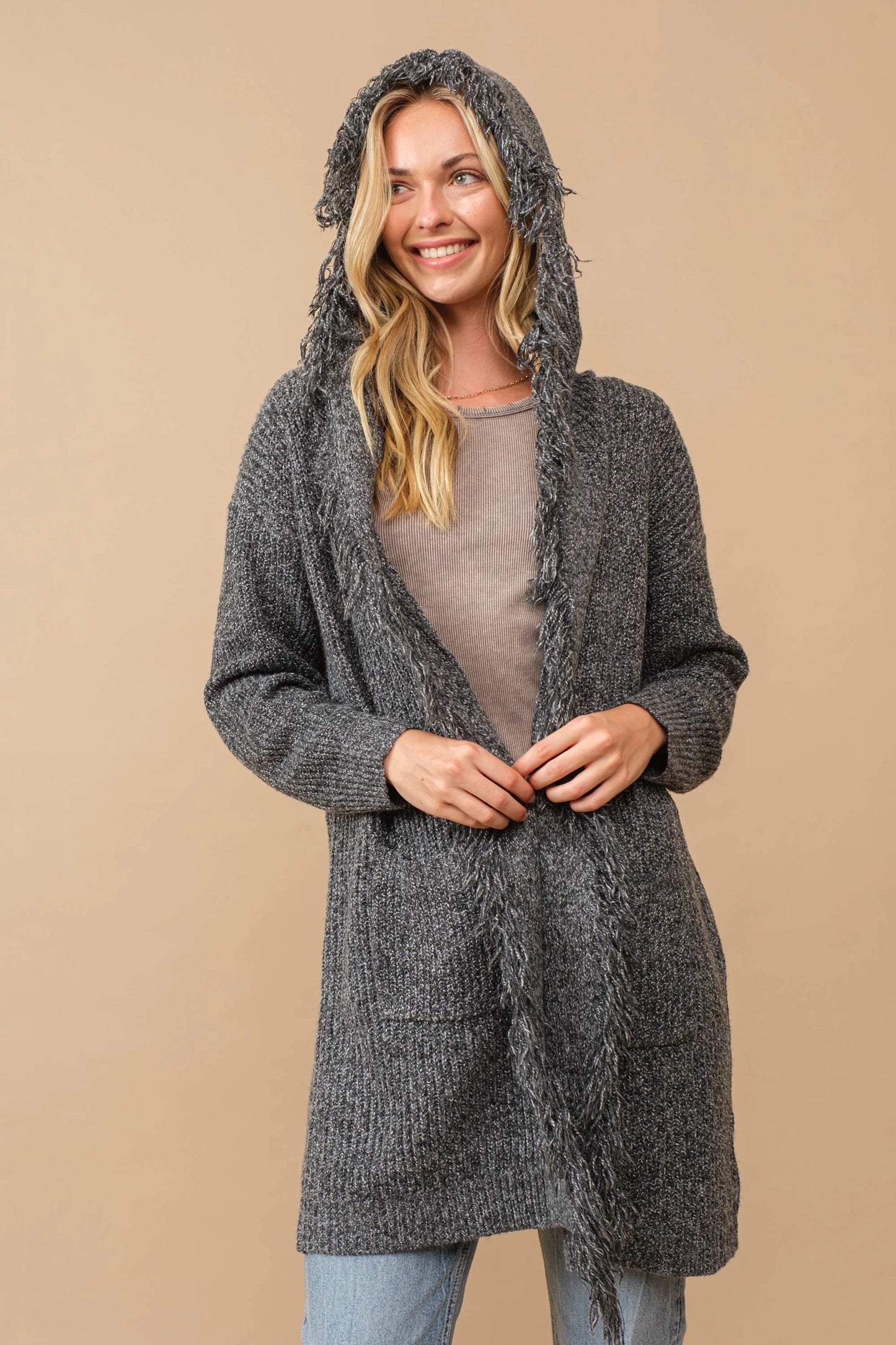 Hooded fringe knit open cardigan Cardigan Cozy Co Charcoal Small/Medium