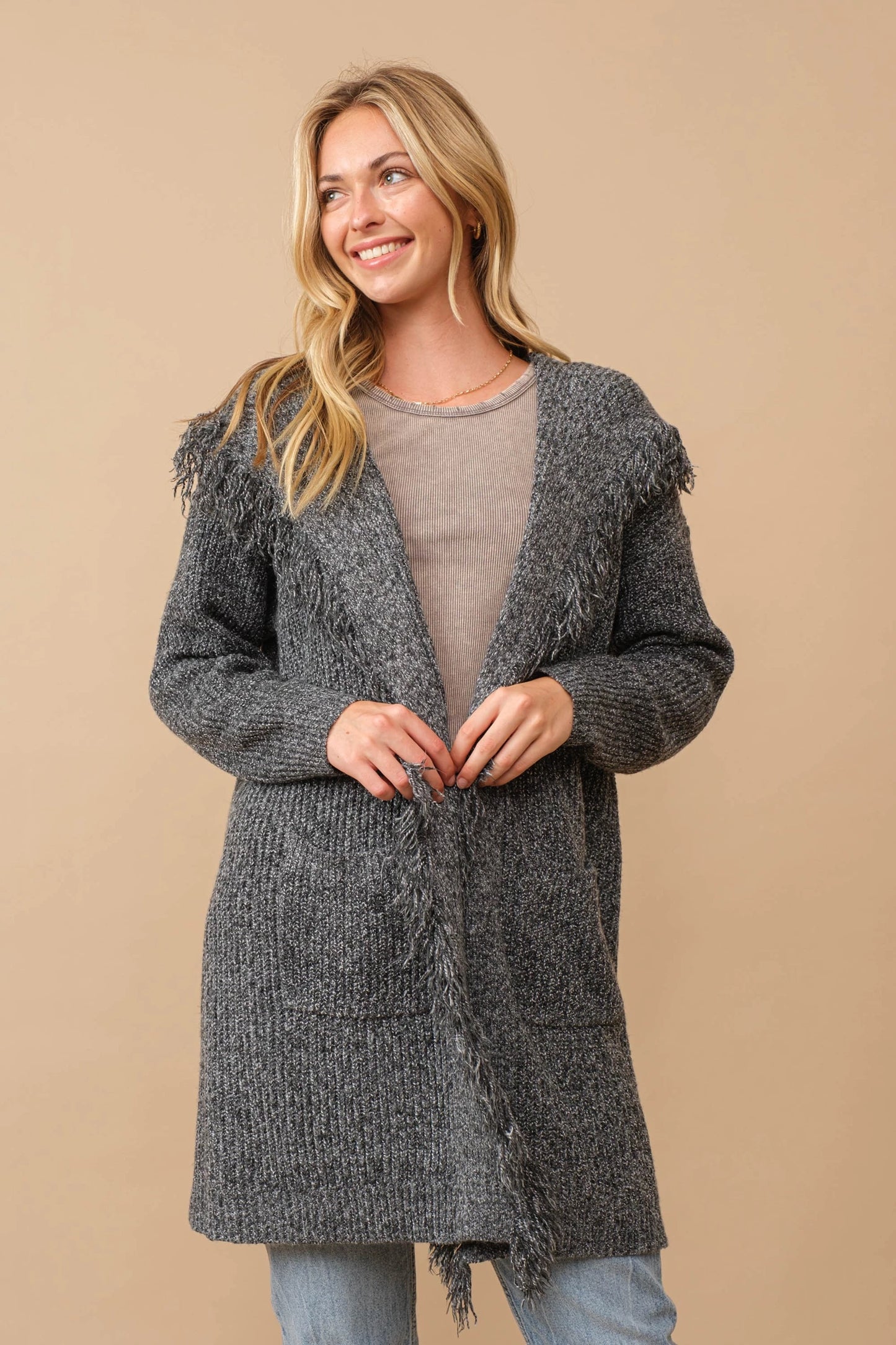 Hooded fringe knit open cardigan Cardigan Cozy Co