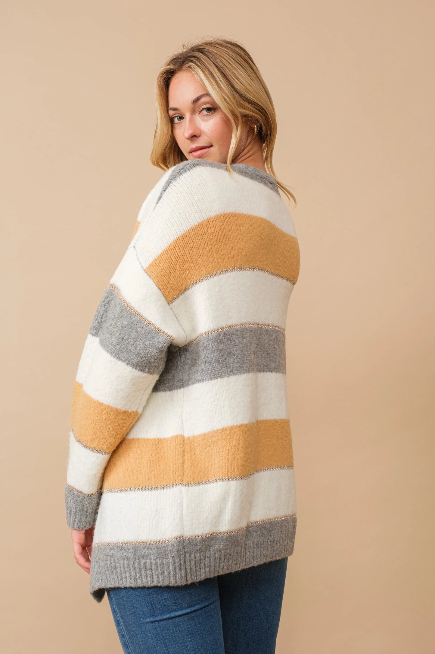 Color block open cardigan with lurex accent stripes Cardigan Cozy Co