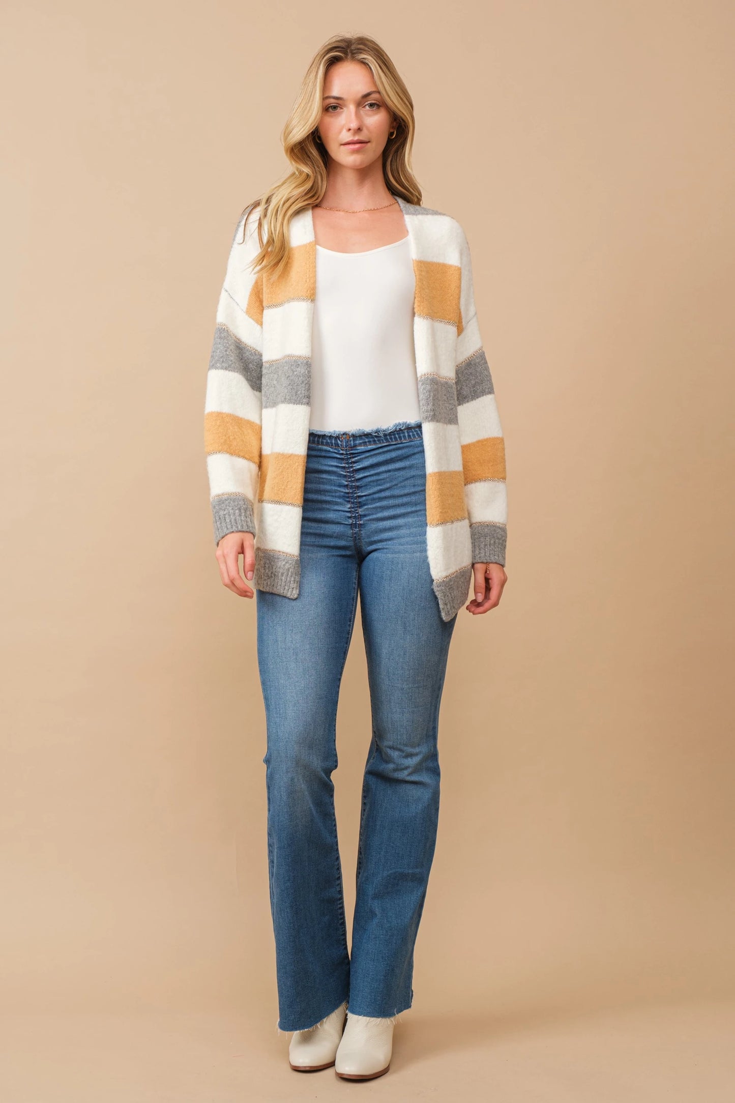 Color block open cardigan with lurex accent stripes Cardigan Cozy Co