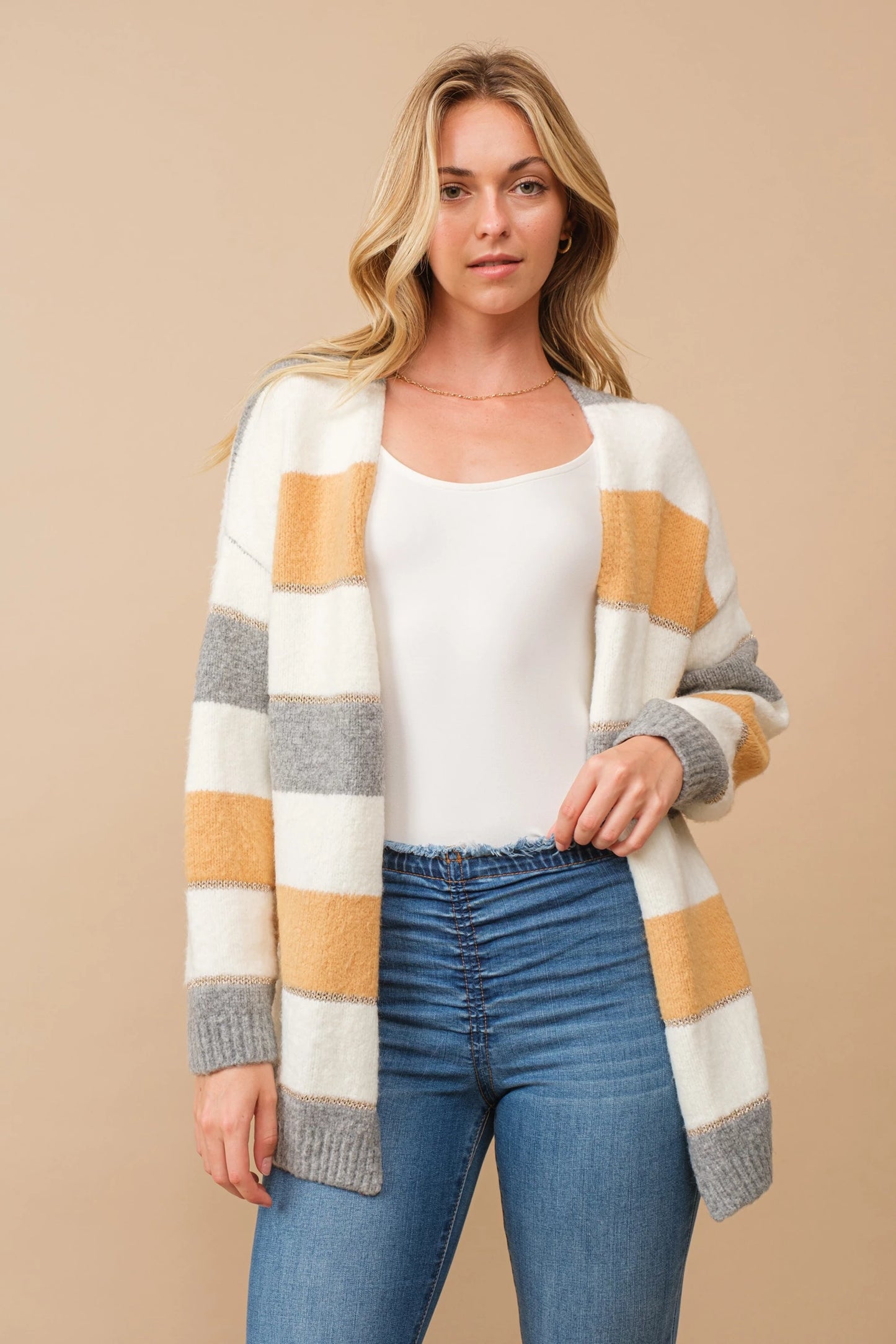 Color block open cardigan with lurex accent stripes Cardigan Cozy Co