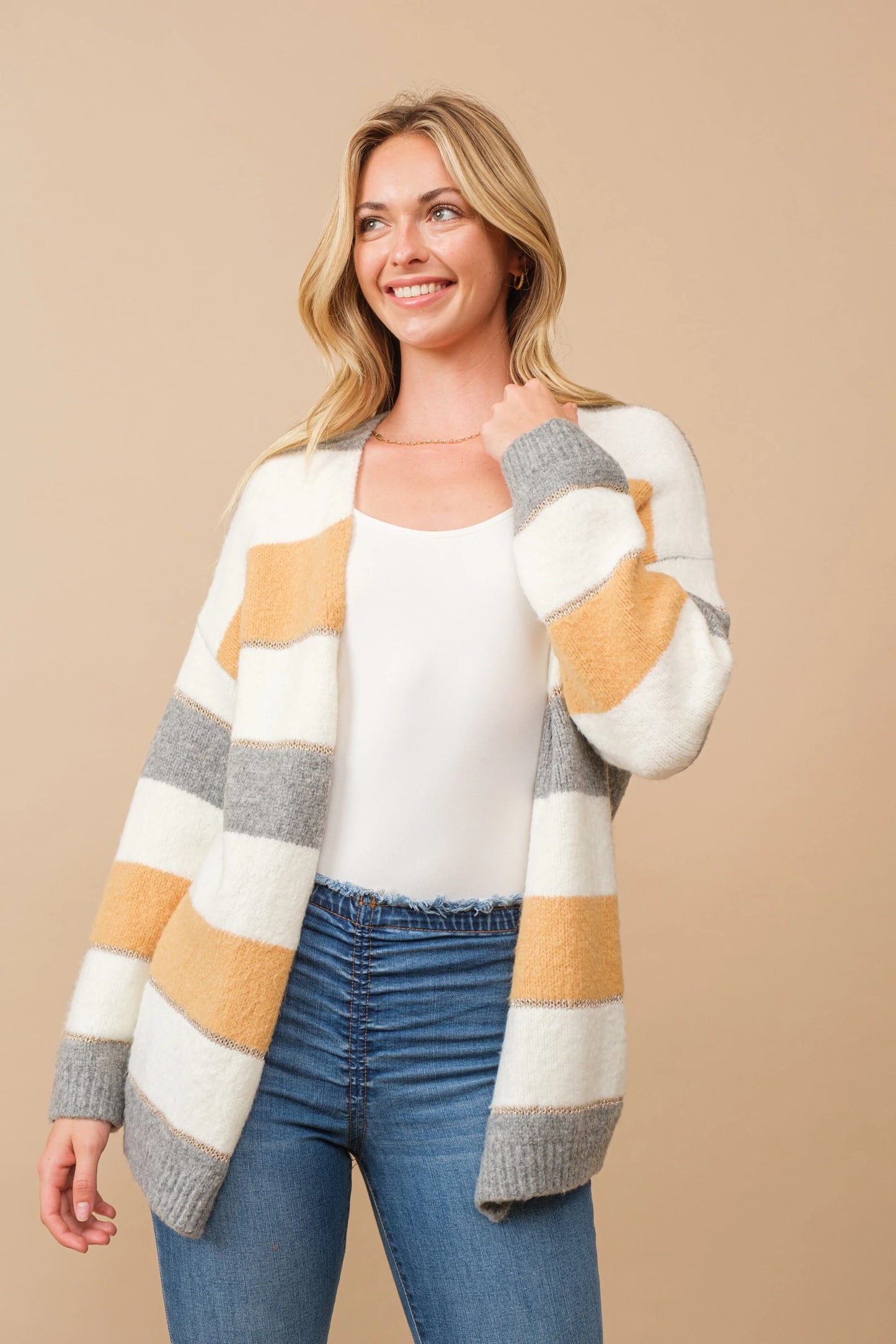 Color block open cardigan with lurex accent stripes Cardigan Cozy Co