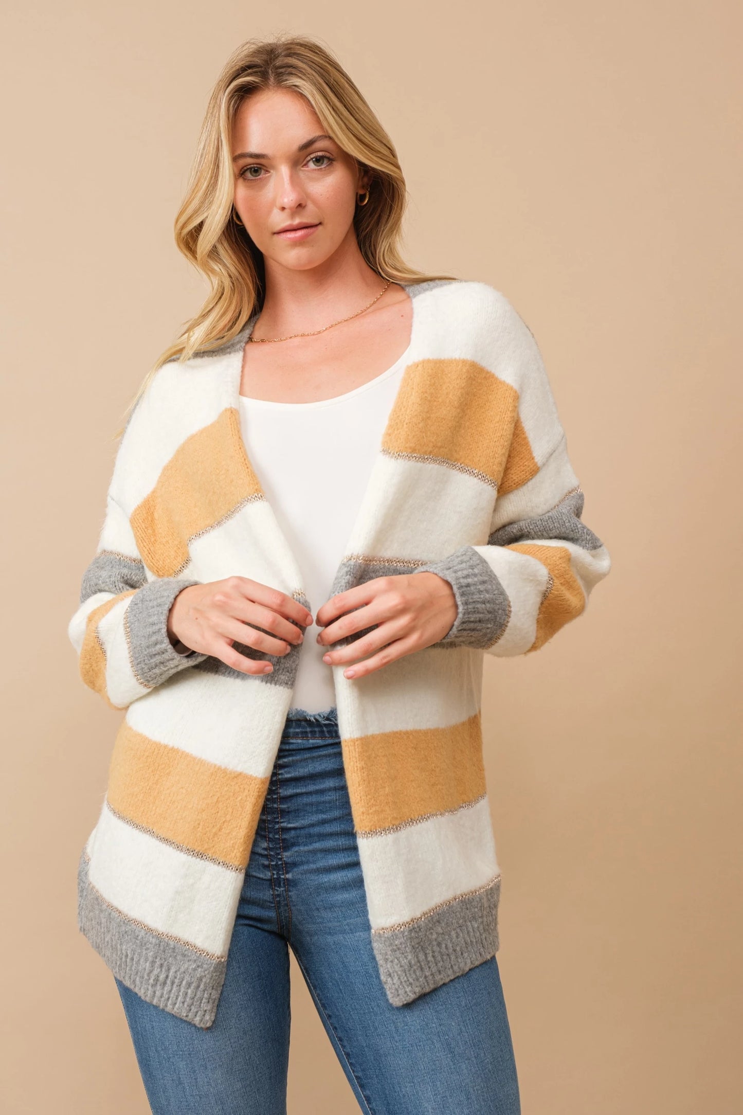 Color block open cardigan with lurex accent stripes Cardigan Cozy Co