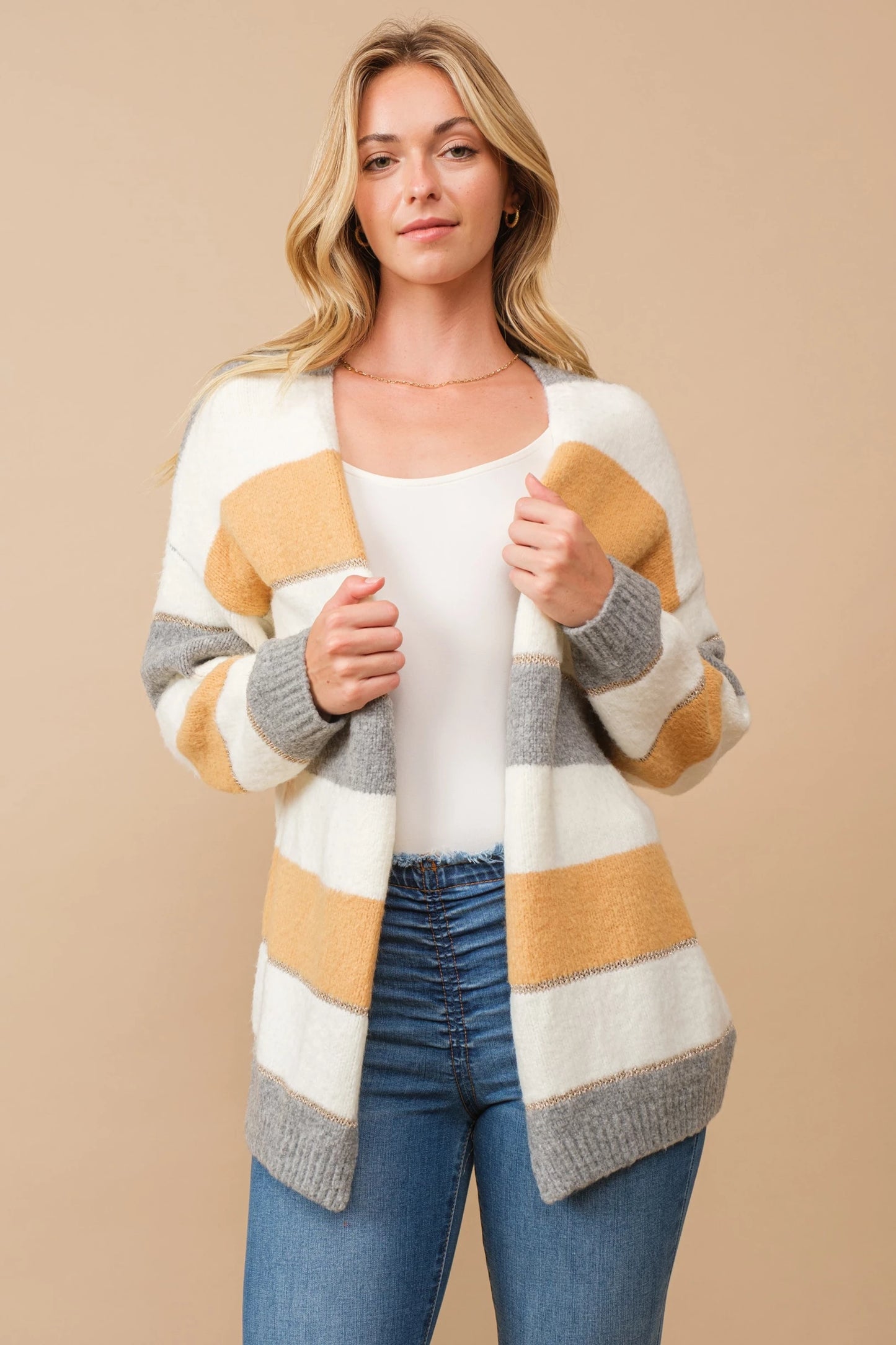 Color block open cardigan with lurex accent stripes Cardigan Cozy Co
