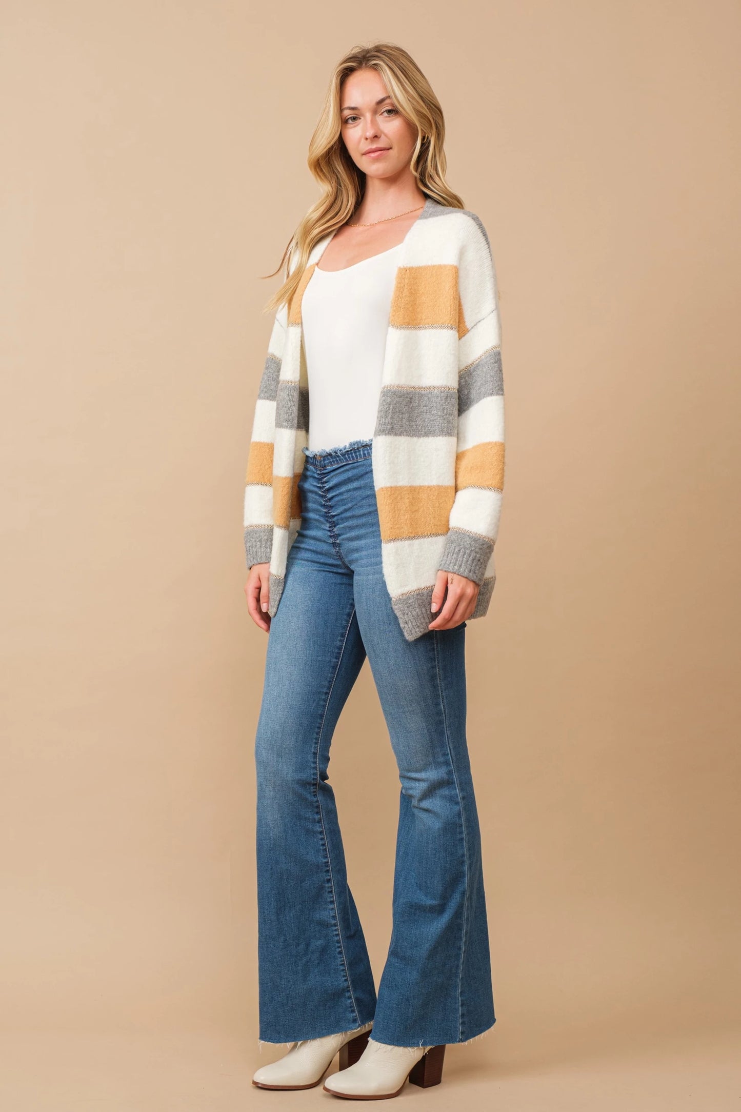 Color block open cardigan with lurex accent stripes Cardigan Cozy Co