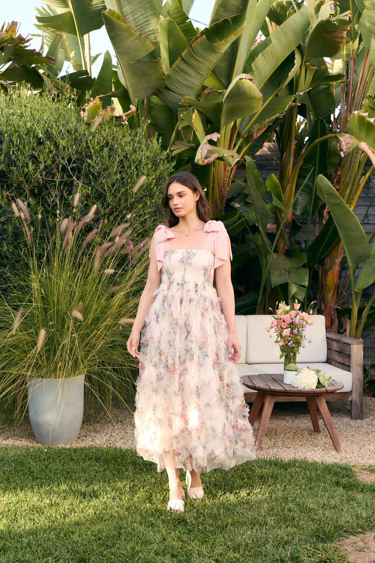 Shoulder tie smocked floral midi dress