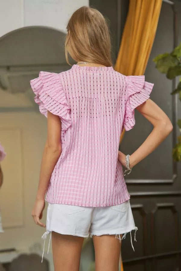 Mandarin collar with ruffle details and double layer ruffle sleeves and round hem top blouse Blouse Davi and Dani
