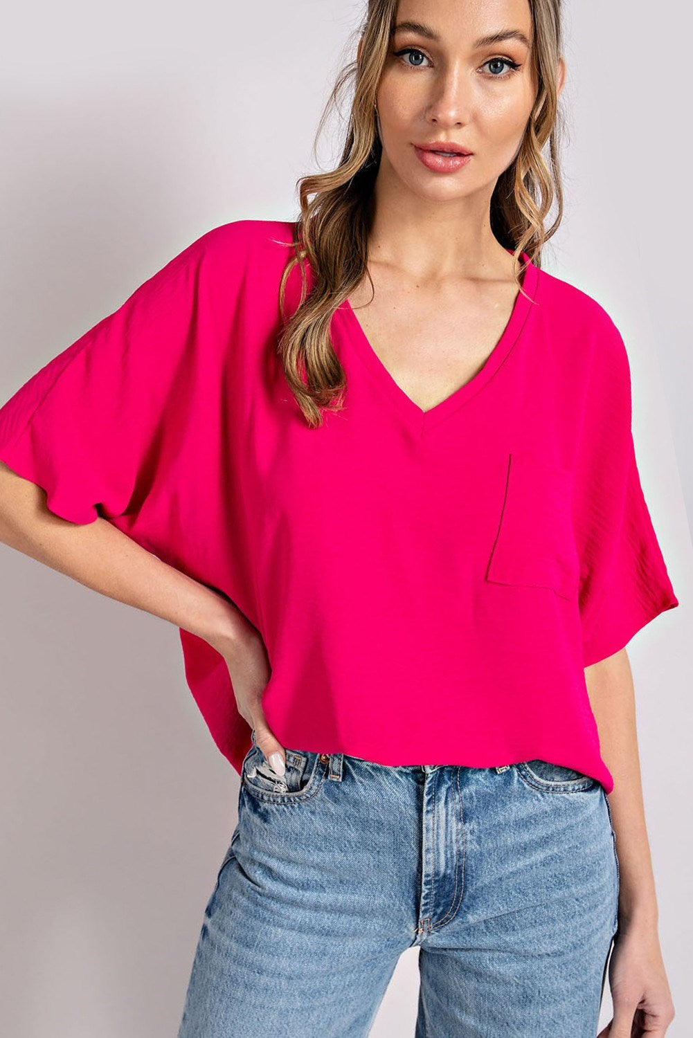 Woven top with V-neckline short sleeves and chest pocket Blouse EE:Some