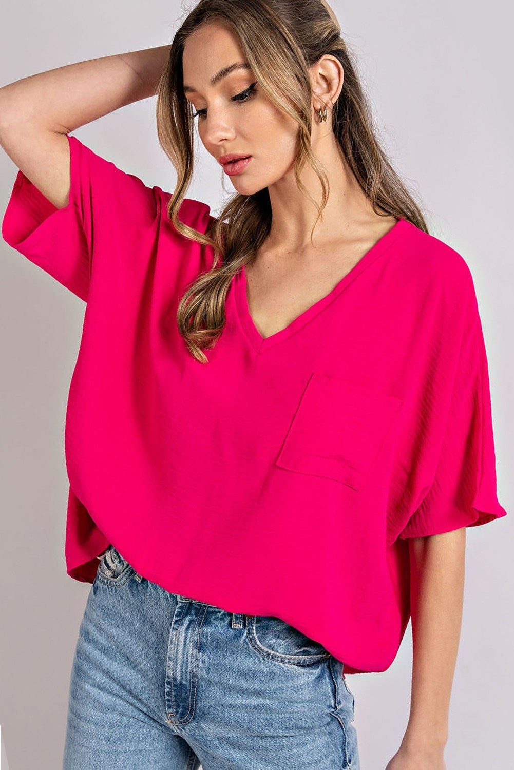 Woven top with V-neckline short sleeves and chest pocket Blouse EE:Some Small Hot Pink