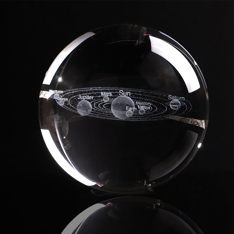 3D Laser engraved Solar System Crystal Ball with glass stand - miniature planets, stars, and comets engraved in a solid crystal ball. Gifts Ivy and Pearl Boutique