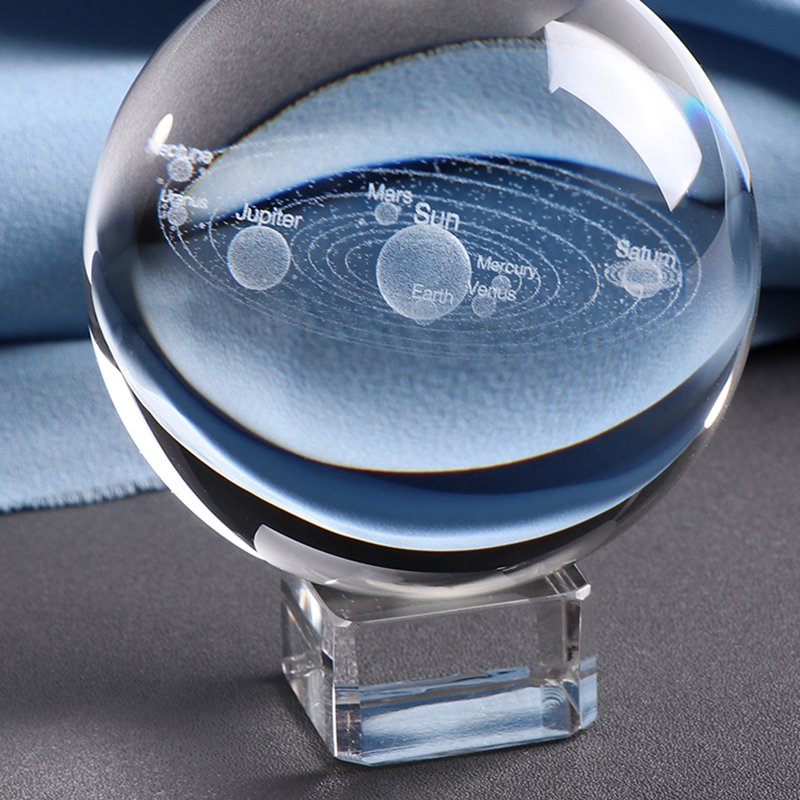 3D Laser engraved Solar System Crystal Ball with glass stand - miniature planets, stars, and comets engraved in a solid crystal ball. Gifts Ivy and Pearl Boutique