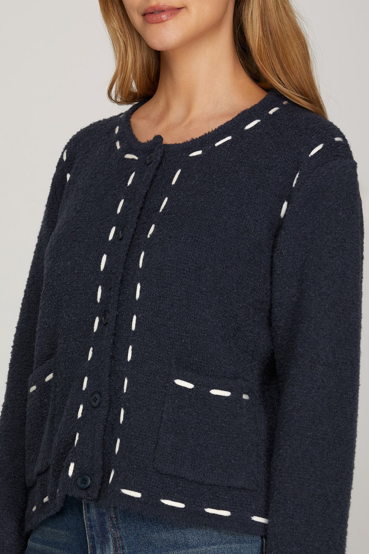 Long sleeve front button closure sweater cardigan with front pockets and contrast stitch detail