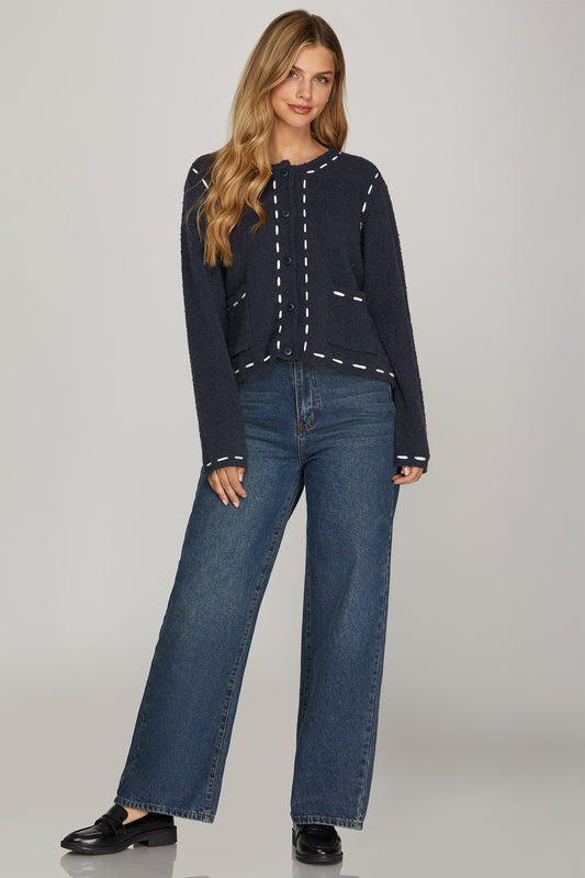 Long sleeve front button closure sweater cardigan with front pockets and contrast stitch detail