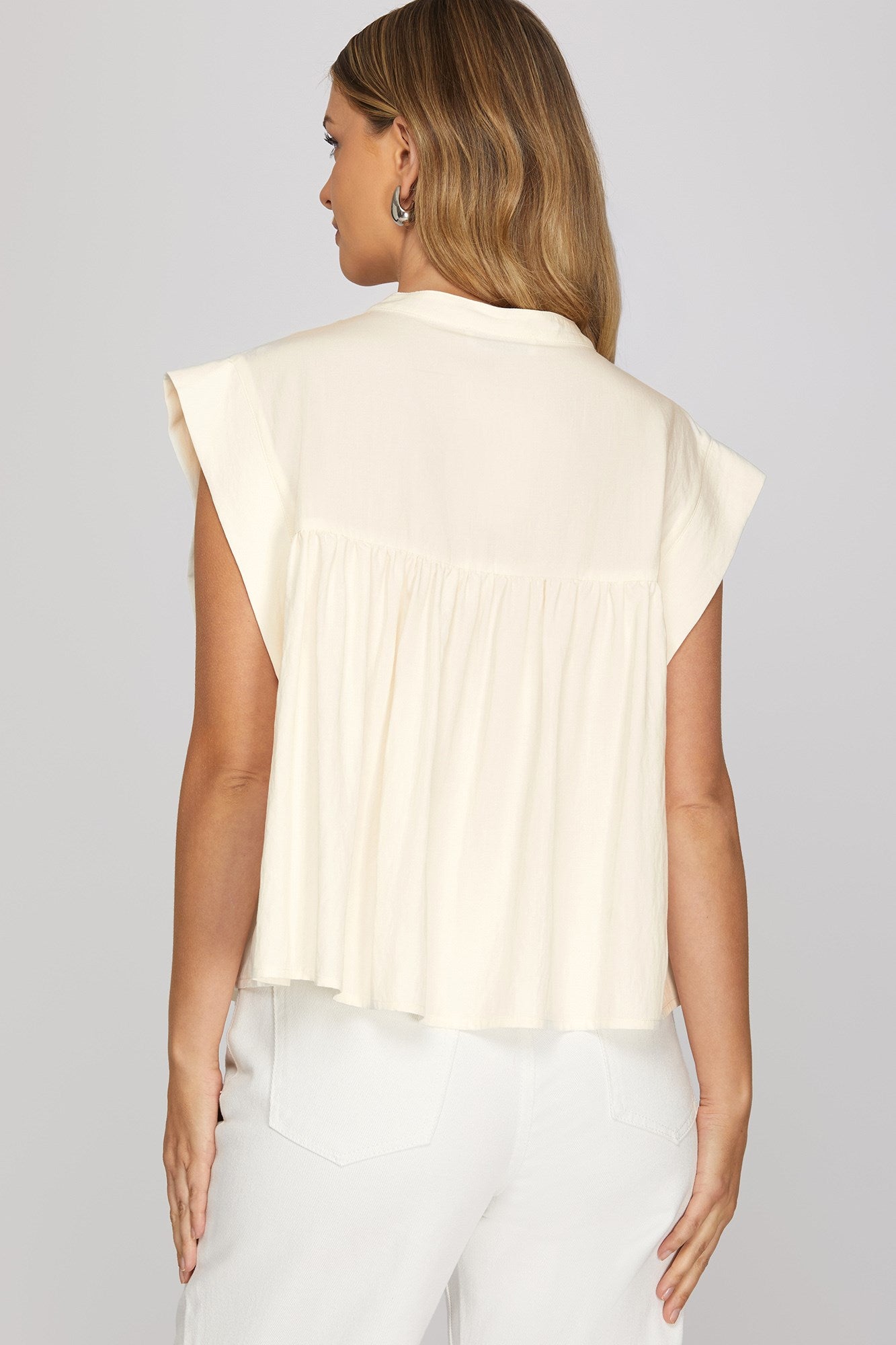 Drop shoulder laced half front button woven top
