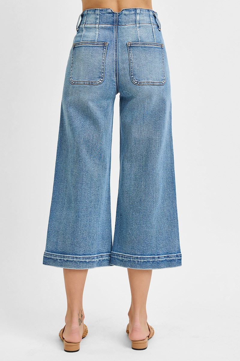 Risen High Rise Crop Wide Double Button Detail Jeans