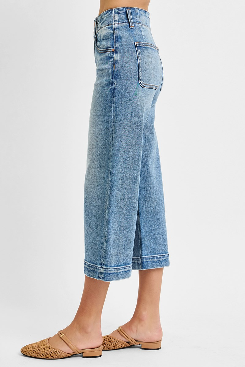 Risen High Rise Crop Wide Double Button Detail Jeans
