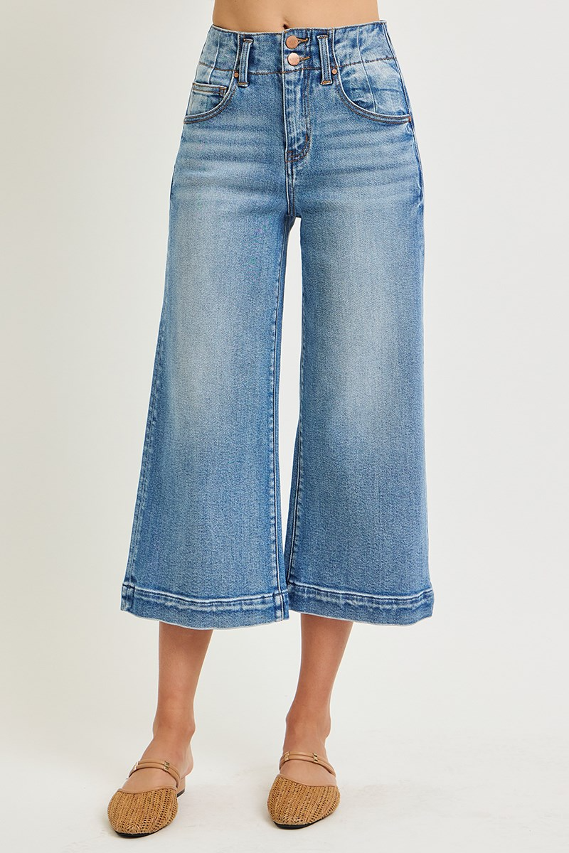 Risen High Rise Crop Wide Double Button Detail Jeans