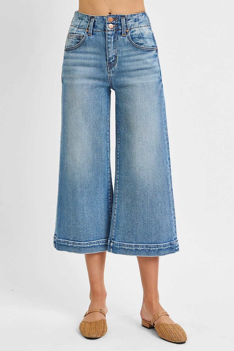 Risen High Rise Crop Wide Double Button Detail Jeans