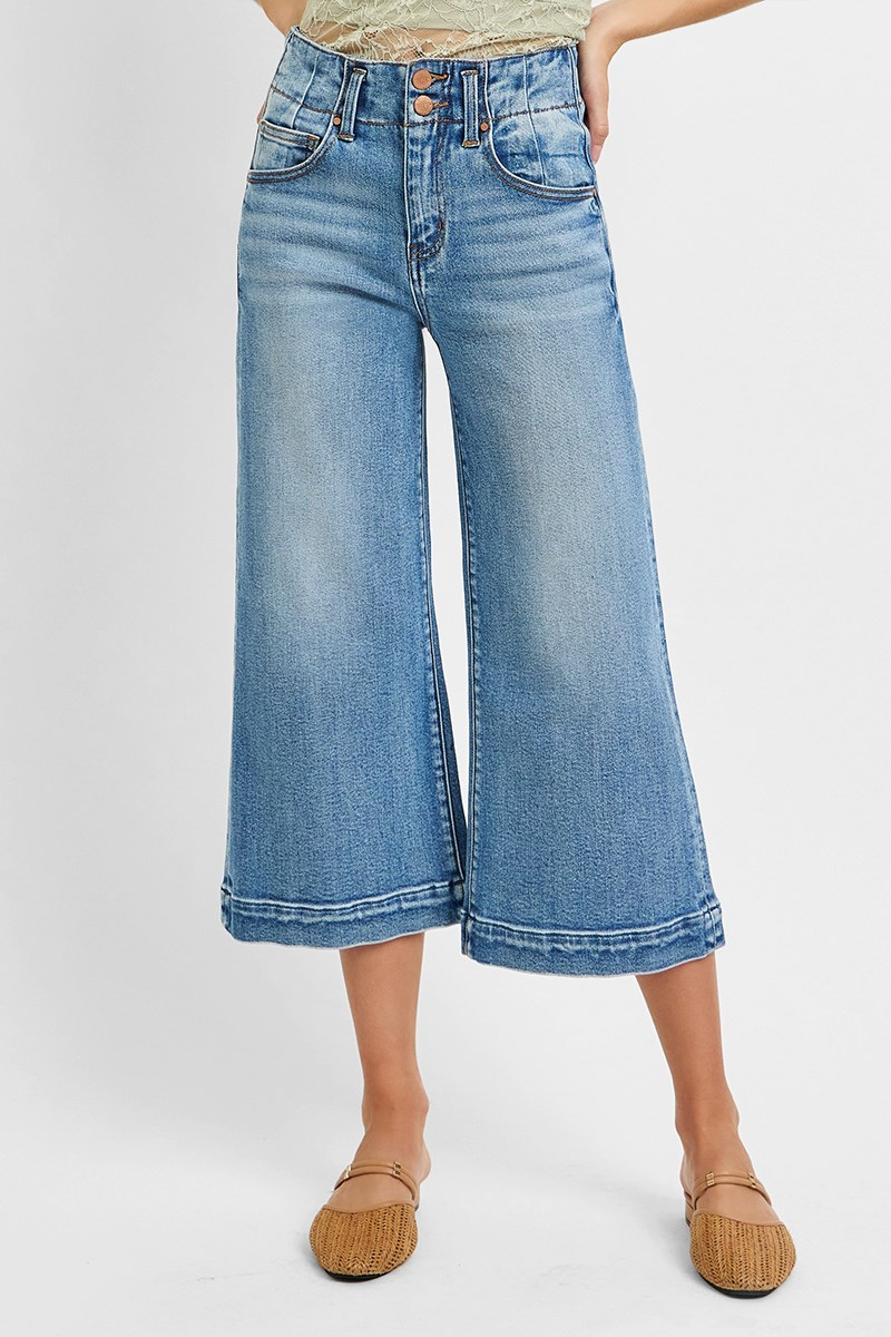 Risen High Rise Crop Wide Double Button Detail Jeans