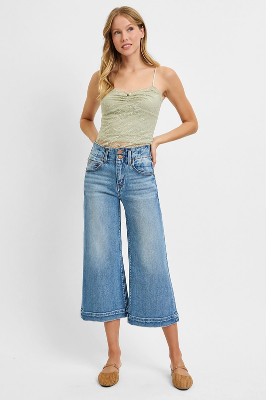 Risen High Rise Crop Wide Double Button Detail Jeans